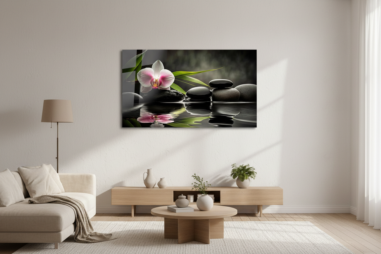 Zen Orchid and Stones Glass Wall Art
